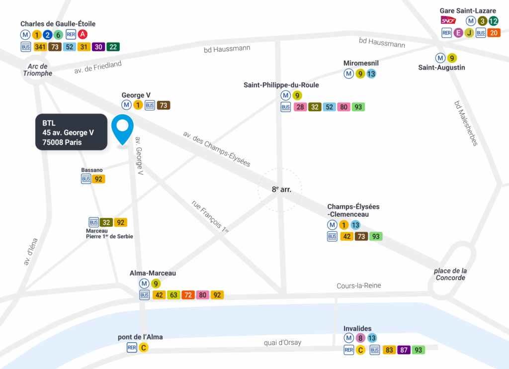 BTL access map language training center - 45 avenue George V - 2026 Access map to BTL language training center at 45 av. George V, Paris VIIIème